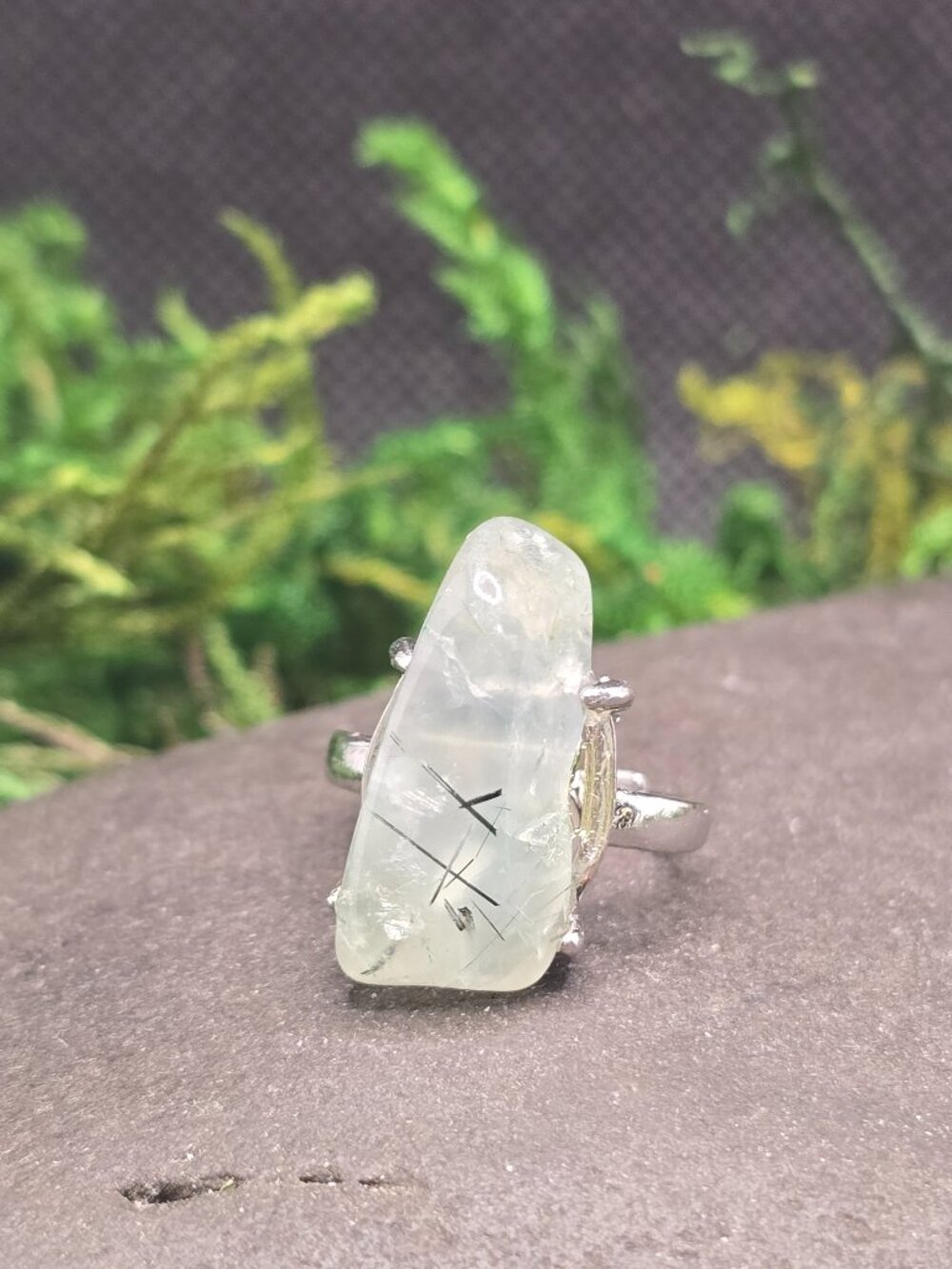 Green Rutilated Quartz Adjustable Ring Size 6-10 Raw Crystal Silver Tone
